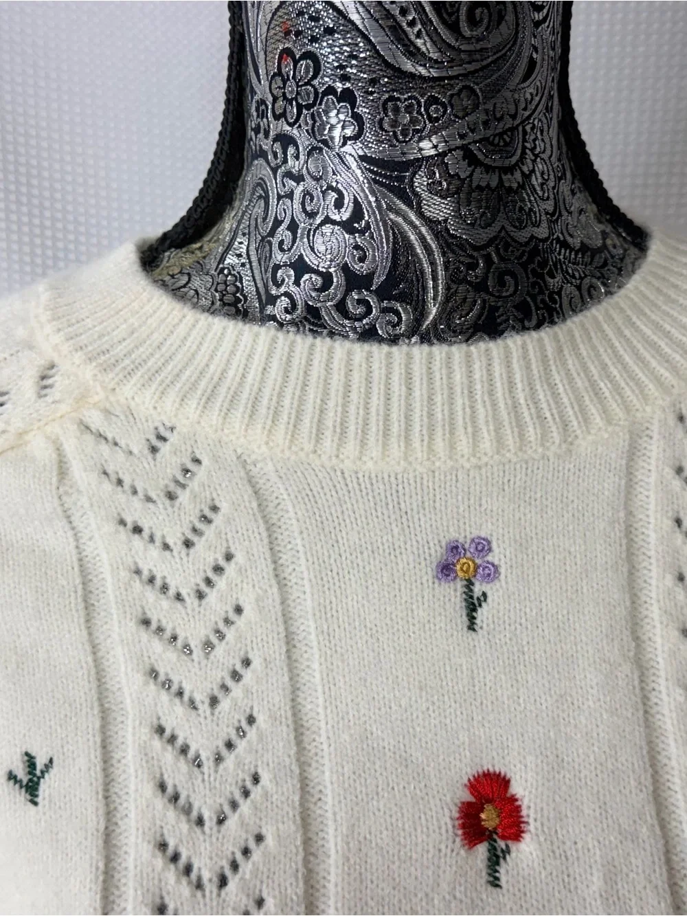 Storia Cream Embroidered Cable-Knit Crew Sweater with Waist Tie